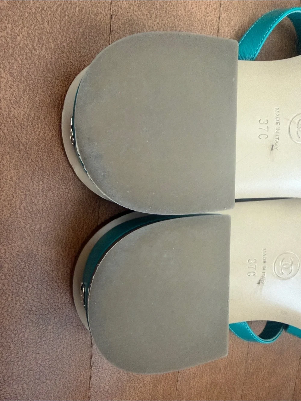 CHANEL Turquoise (darker side color like green) Crisscross Leather Slide Sandals